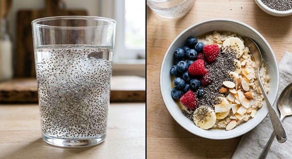A split-screen illustration showing a water glass with chia seeds expanding into a thick gel matrix