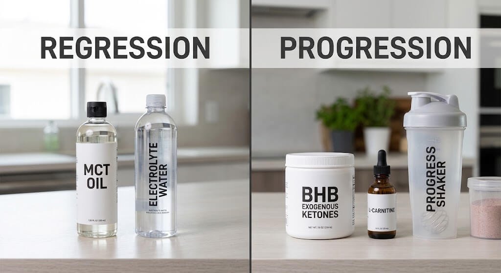 A split-screen image showing a Regression setup (simple MCT oil and electrolyte water) on the left,