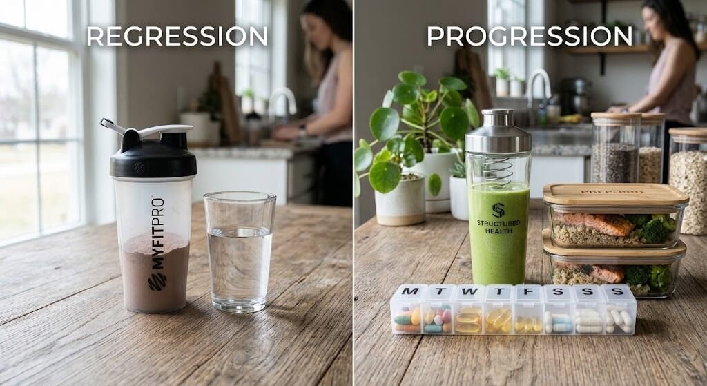 A split-screen image showing a Regression side with a simple protein shaker