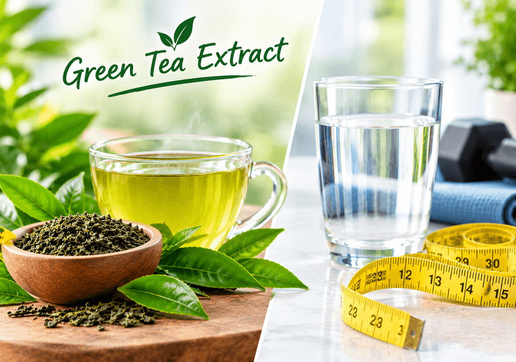 A split-screen image showing a close-up of green tea extract capsules next to a measuring tape and a glass of water, with soft, natural lighting to convey health and clinical accuracy