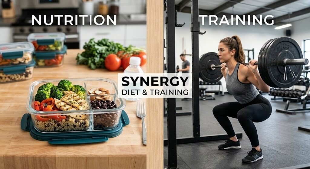 A split-screen image showing a healthy, colorful meal prep container with lean protein and vegetables