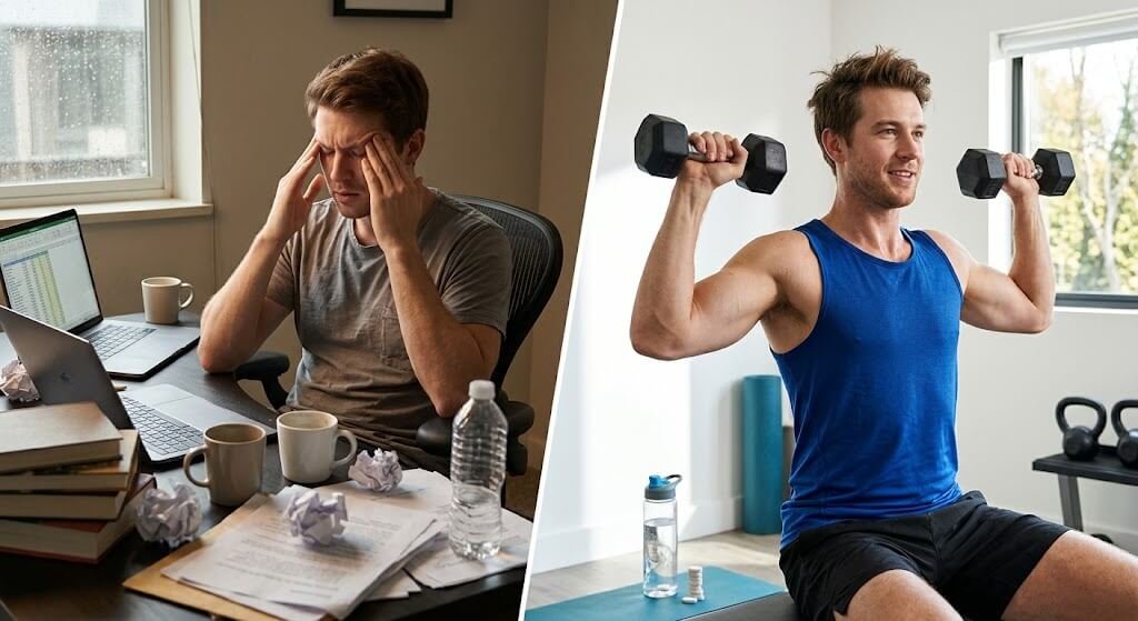  A split-screen image showing a tired person rubbing their temples