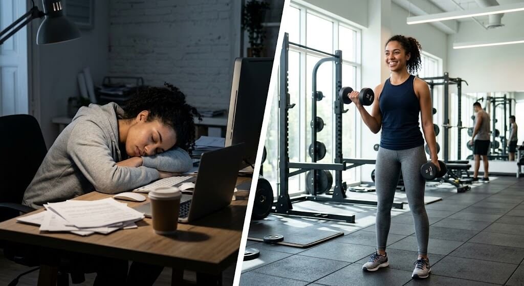 A split-screen image. On the left, a person looking fatigued and slumped over a desk. On the right, the same person looking energized, holding a dumbbell in a bright, well-lit gym environment