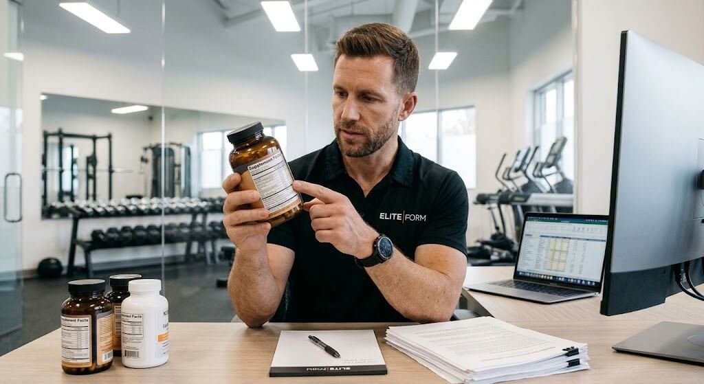 A strength coach inspecting a supplement label