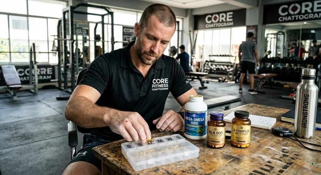 A strength coach organizing a daily supplement organizer