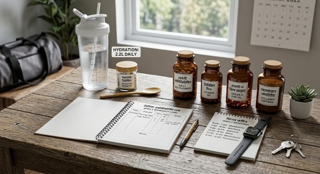 A structured daily routine layout featuring a water shaker,