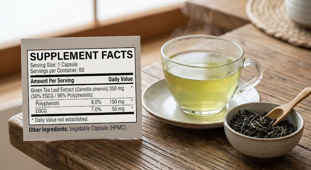 A supplement facts label beside a cup of brewed green tea and loose tea leaves,