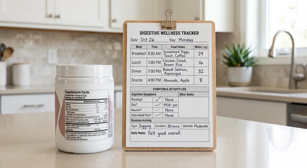 A supplement label and a simple tracking sheet showing serving size, ingredients, daily food intake, digestive symptoms, and exercise activity