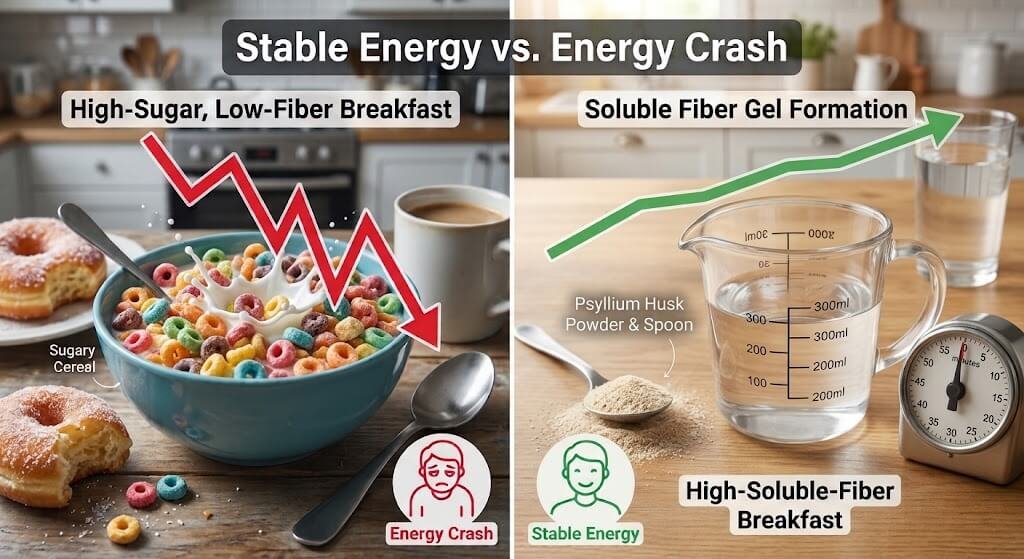 A tablespoon of psyllium husk powder next to a measuring cup of water and a kitchen timer
