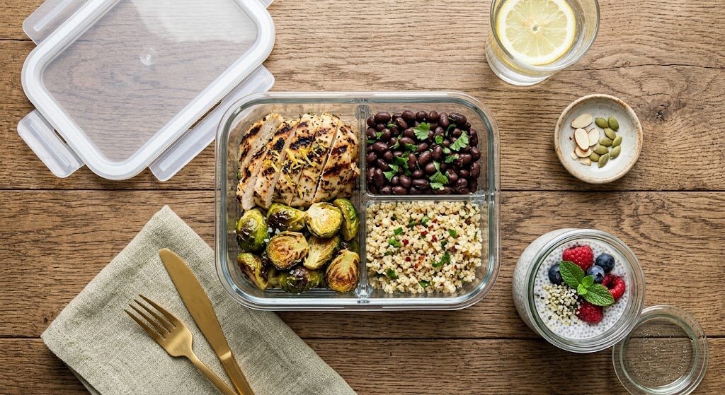 A top-down shot of a meal prep container showing grilled chicken, black beans,