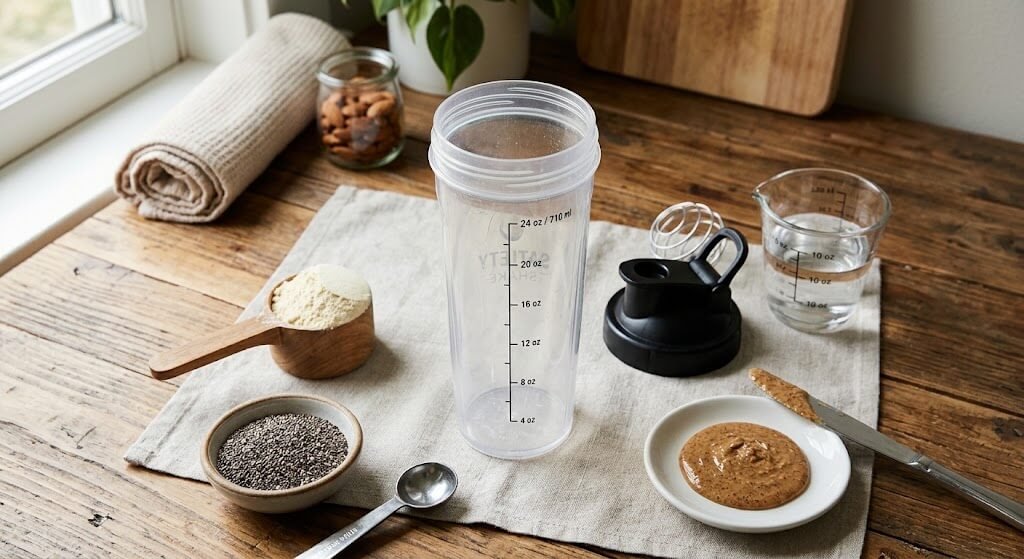 A top-down view of a 24 oz shaker bottle surrounded by the ingredients