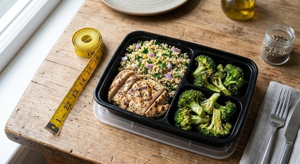 A top-down view of a balanced, high-protein meal prep container