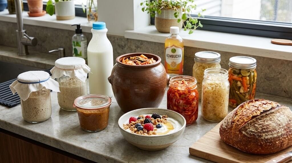 A variety of fermented foods like kimchi 