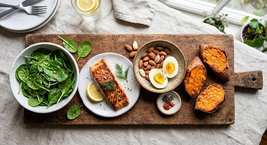 A vibrant, flat-lay photograph of energy-supporting whole foods a bowl of spinach, a piece of grilled salmon