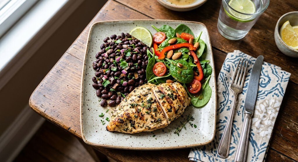  A vibrant, top-down shot of a balanced meal featuring grilled chicken breast, a side of black beans,