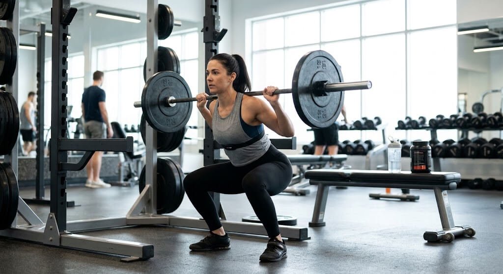 A well-lit gym scene showing a person performing
