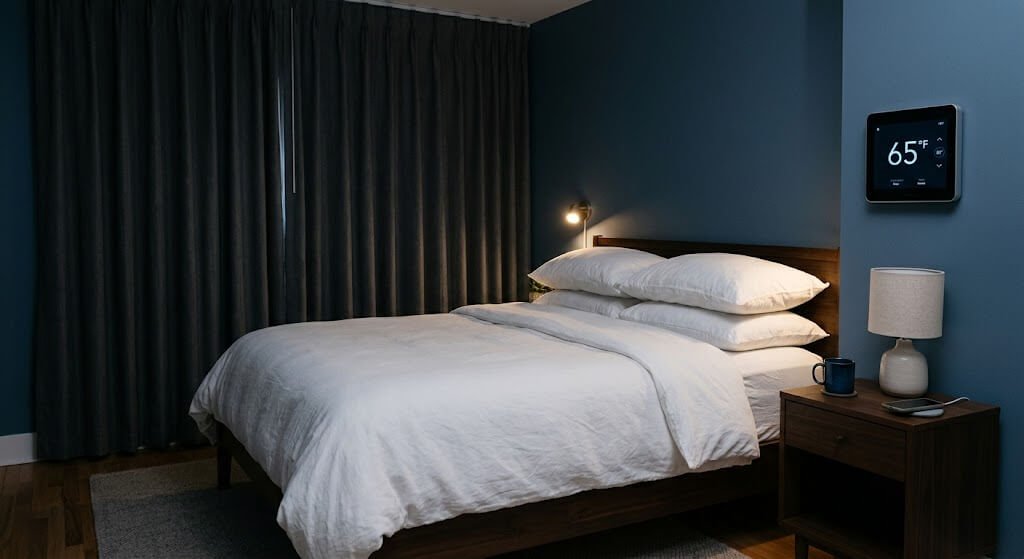 A well-optimized sleep environment featuring blackout curtains