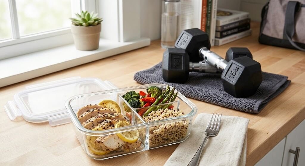 A well-organized meal prep container with lean protein and vegetables