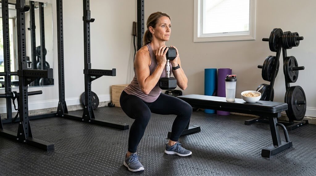 A woman in her 40s performing a dumbbell goblet squat in a home gym, with a shaker bottle and a bowl of oatmeal