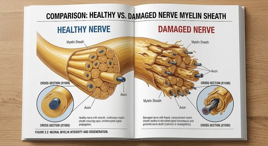 An anatomical illustration comparing a healthy nerve with a smooth