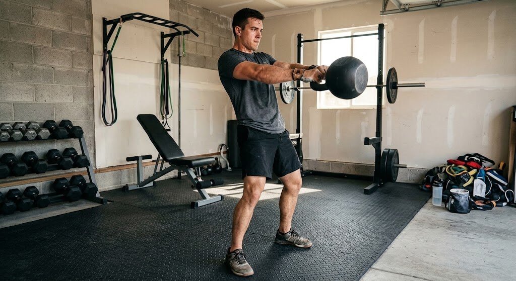 An individual performing heavy kettlebell swing