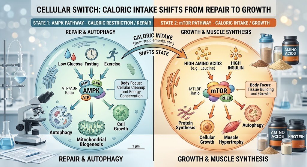An infographic illustrating the mTOR and AMPK pathways, showing how caloric intake fr