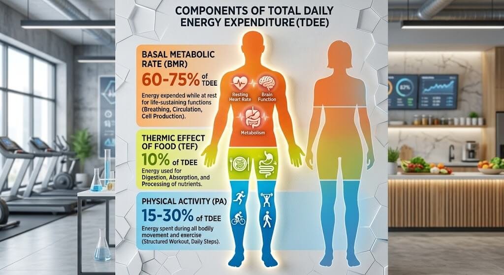 An infographic showing a human silhouette divided into three sections Basal Metabolic Rate (60-75%)