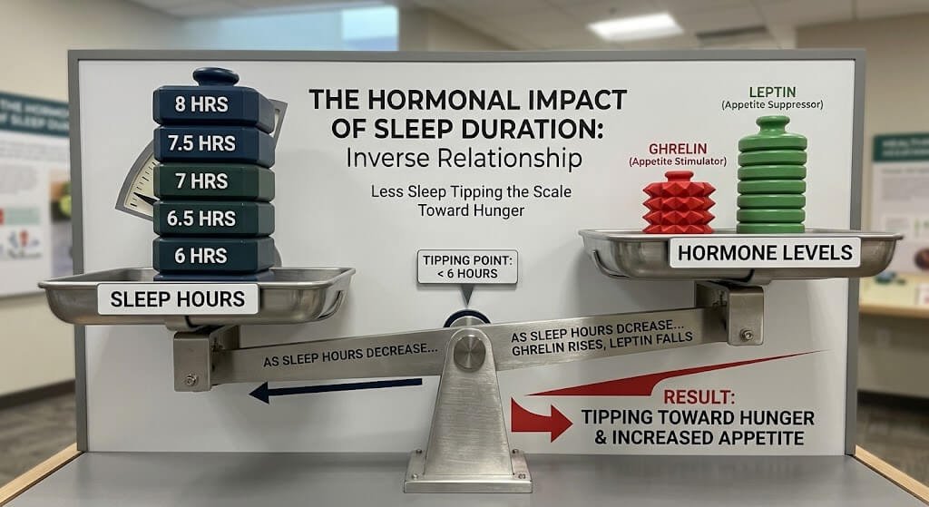 An infographic showing the inverse relationship between sleep hours and ghrelinleptin levels