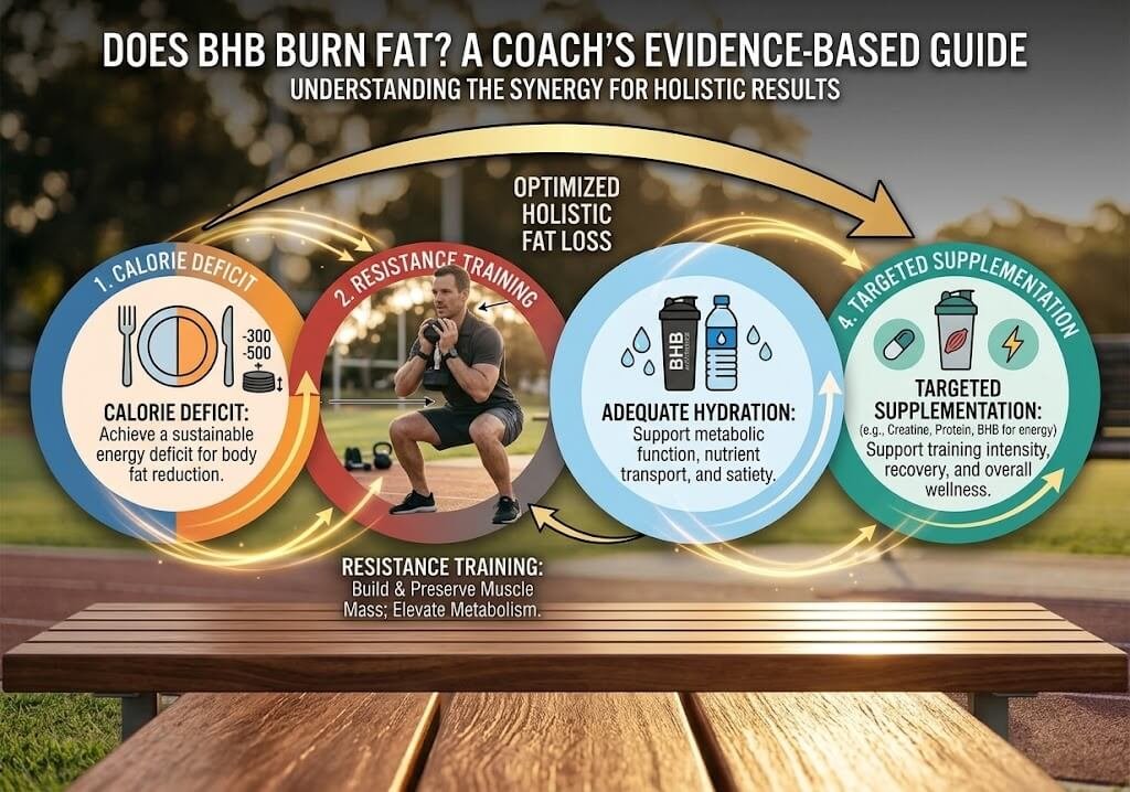 An infographic showing the synergy between a calorie deficit, resistance training,