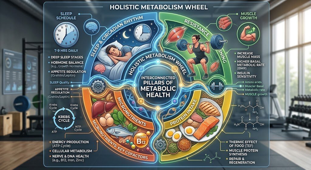 An infographic-style image showing a holistic metabolism wheel,