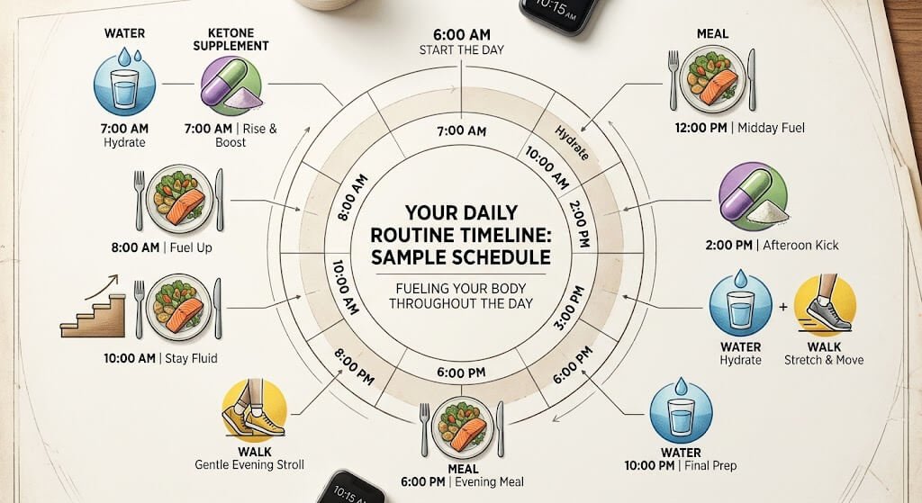 An infographic style image showing a timeline of the day with icons for water
