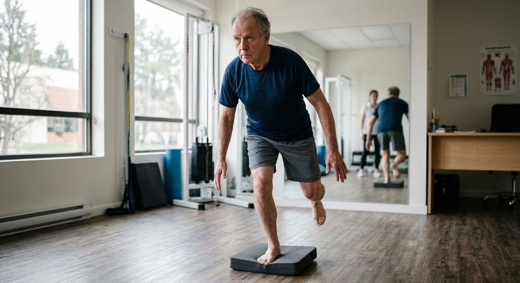 An older adult or athlete performing a balance exercise