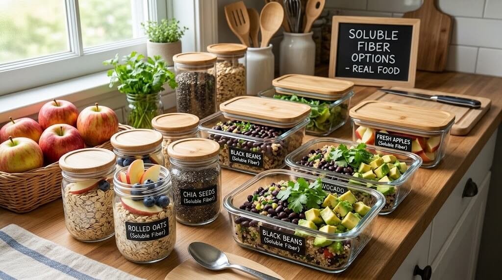 An organized meal prep station featuring glass containers loaded