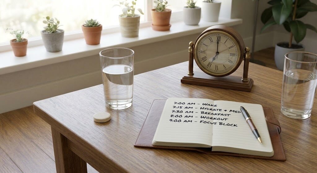 An unbranded caffeine tablet next to a glass of water, a notebook with 