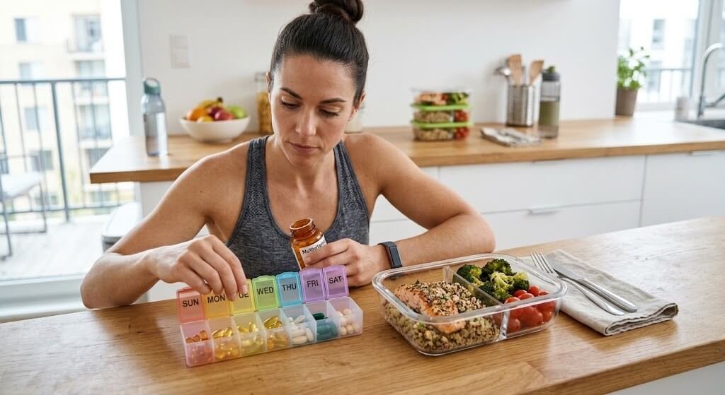 Athlete arranging daily vitamin organizer 