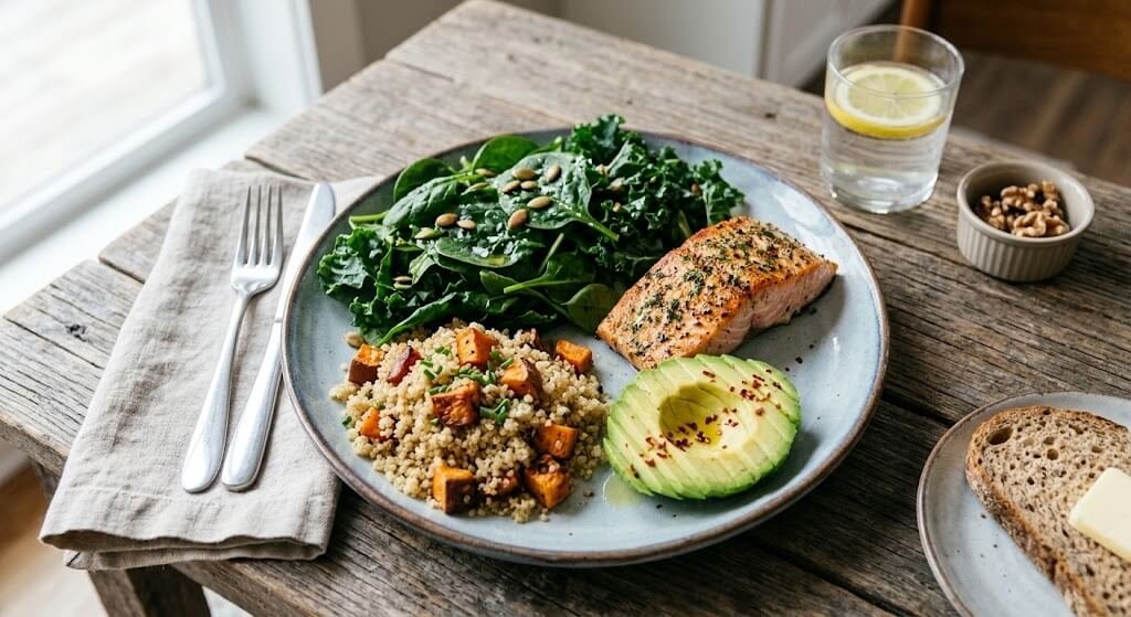 Balanced plate showing lean protein, leafy greens, healthy fats