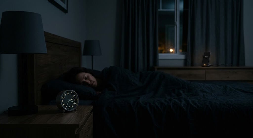 Bedroom setup with a dark room, a phone charging across the room