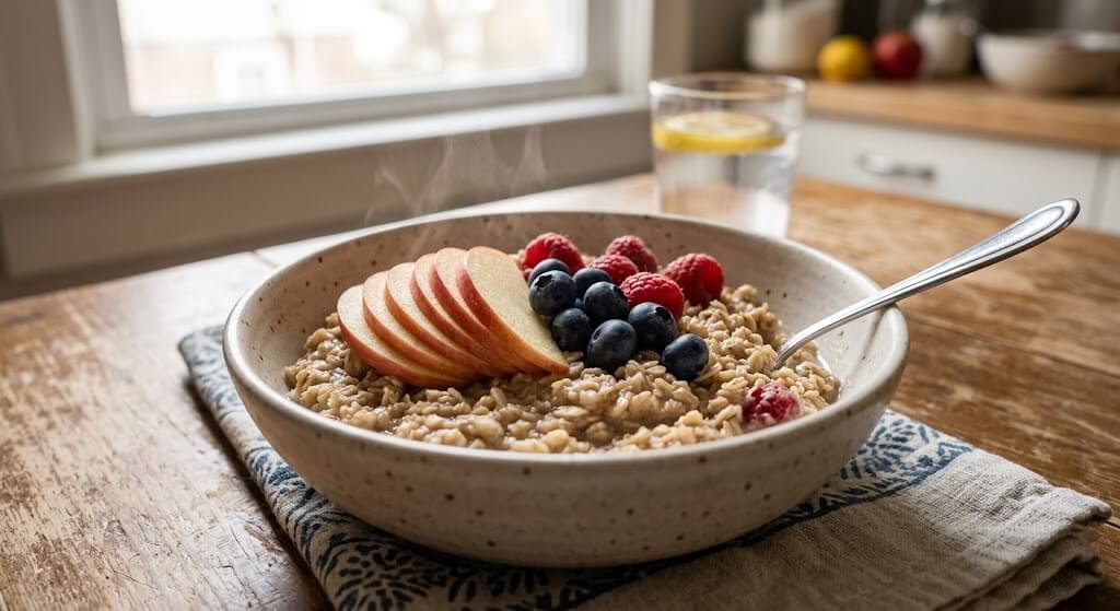 Bowl of oatmeal topped with sliced apple and berries, showing everyday soluble fiber sources