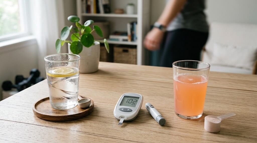  Clean photo of a ketone supplement drink next to a blood glucose meter on a kitchen counter, with no visible brand names