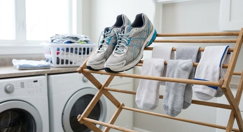 Clean, well-ventilated athletic shoes resting