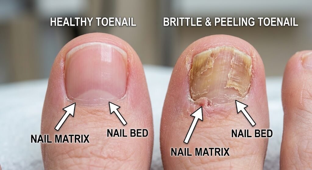 Close-up comparison of a healthy, thick toenail next to a brittle