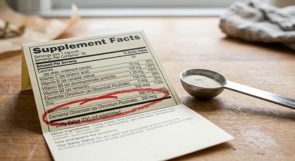 Close-up of a Supplement Facts label with the elemental chromium line circled, placed beside a measuring spoon