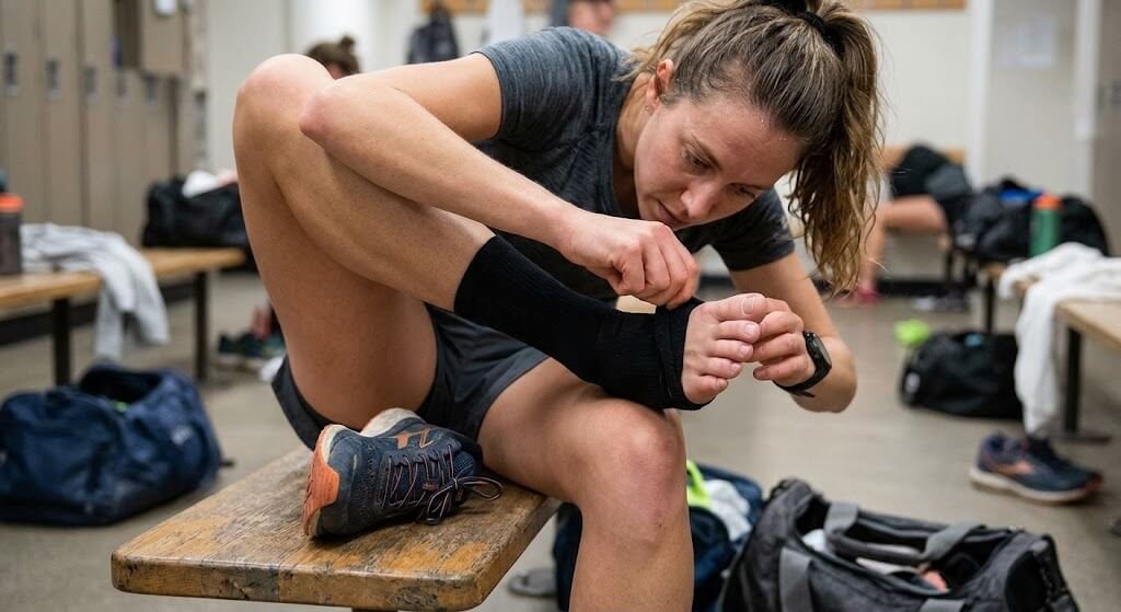 Close-up of a athlete inspects their