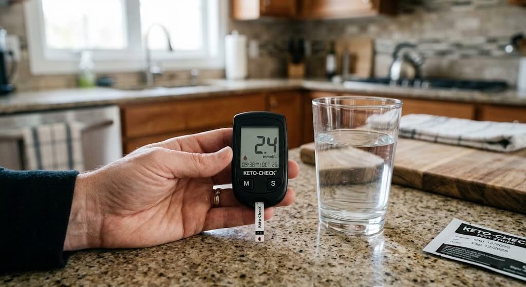 Close-up of a blood ketone meter and test strip next to a glass of water on a kitchen counter