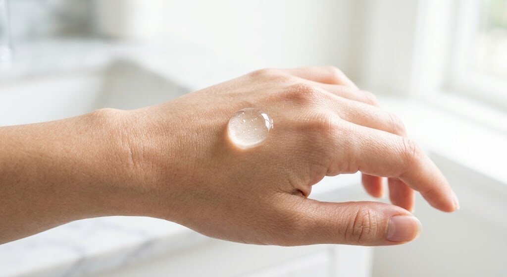 Close-up of a clear, gel-textured serum drop on the back