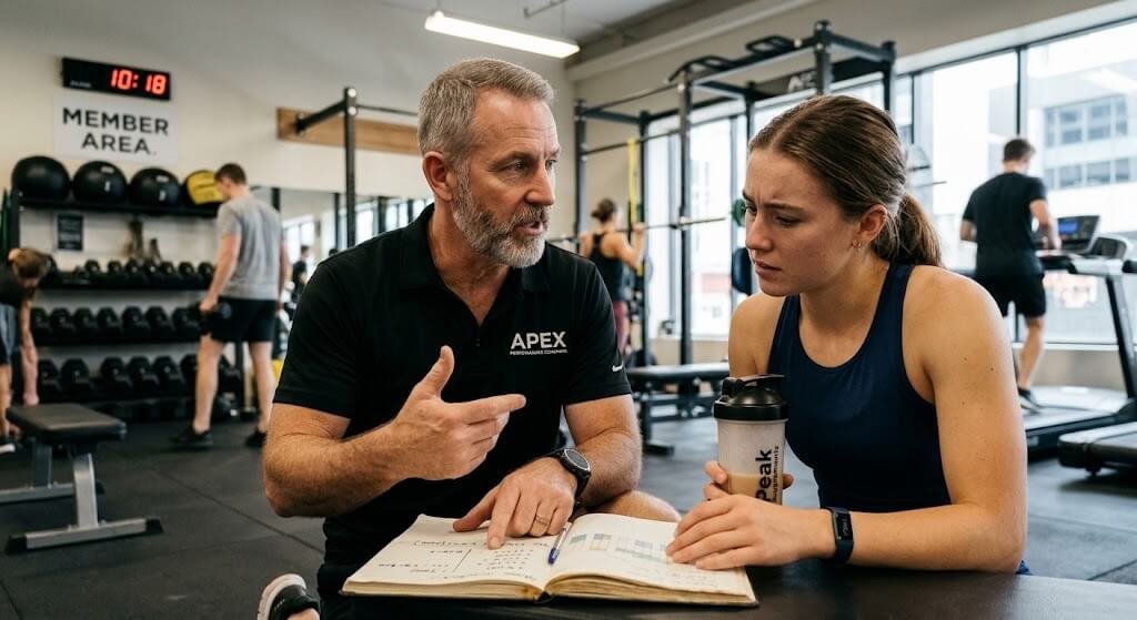 Close-up of a coach discussing supplement