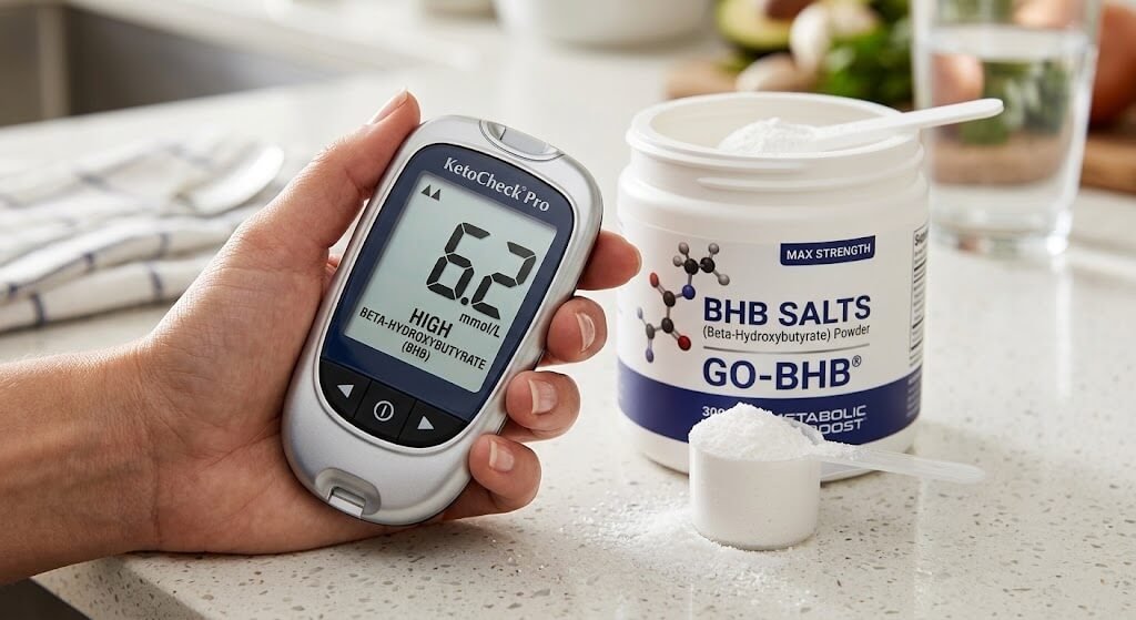 Close-up of a digital blood ketone meter displaying elevated beta-hydroxybutyrate