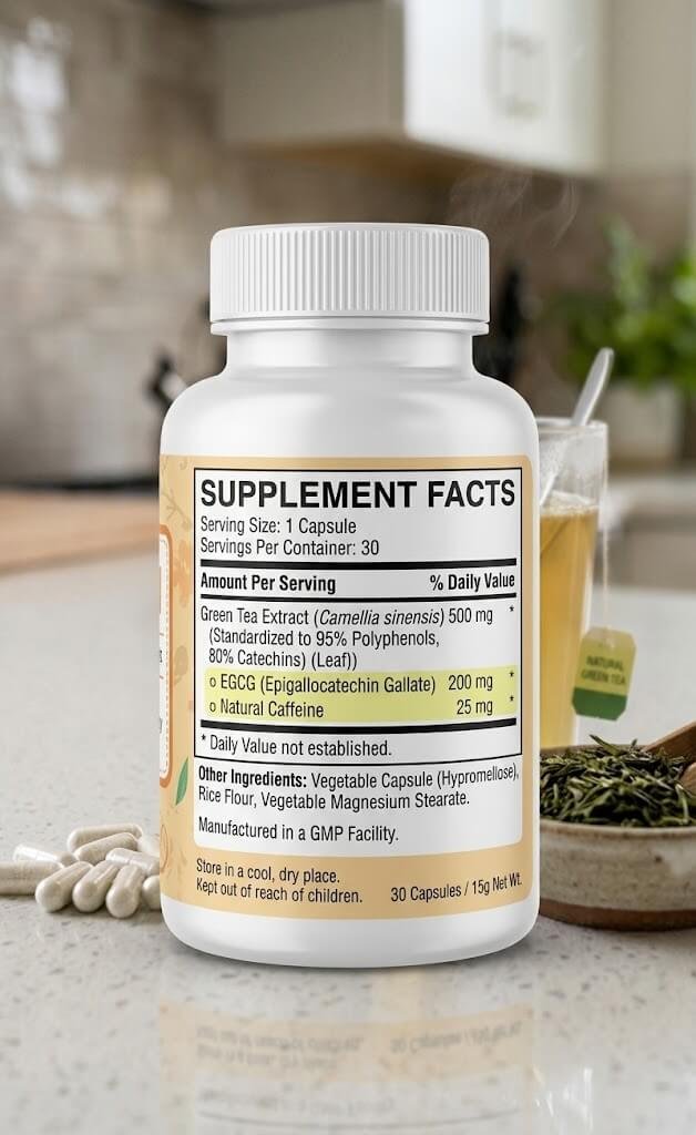 Close-up of a nutrition label on a green tea extract bottle