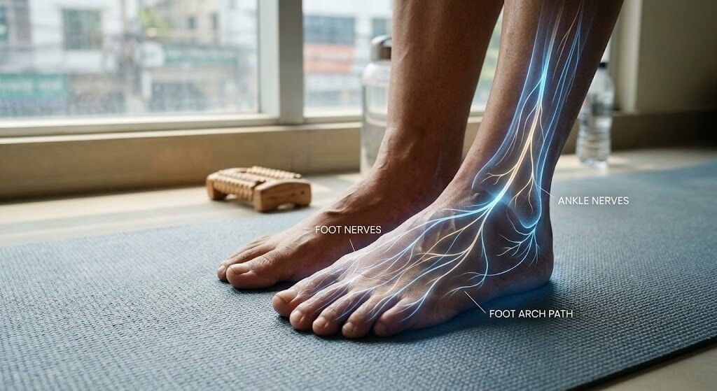 Close-up of a person’s bare feet on a yoga mat,