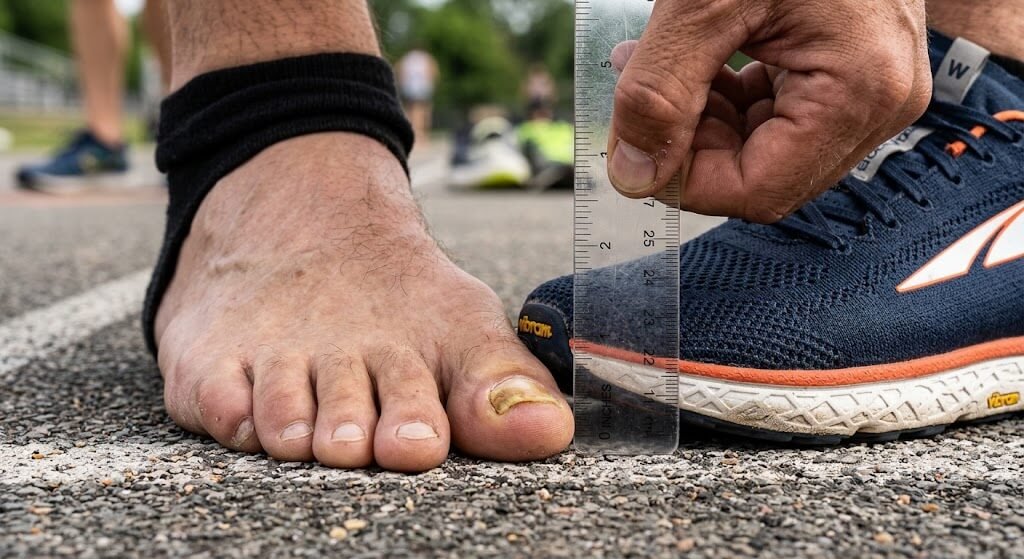 Close-up of a runner's foot showing slight toenail 